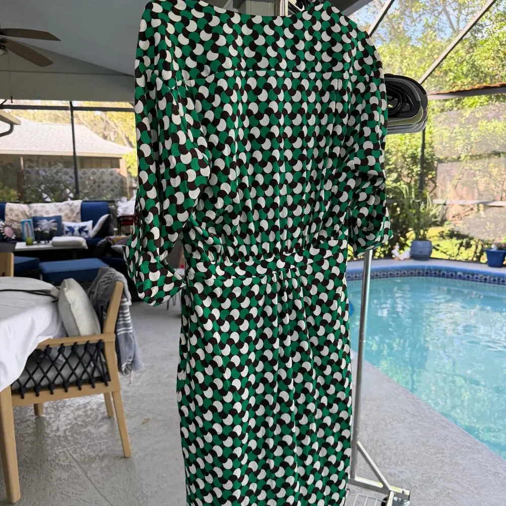 Milly of New York Silk Blend Wrap Dress Green White Polka‎ Dot Belted USA Made